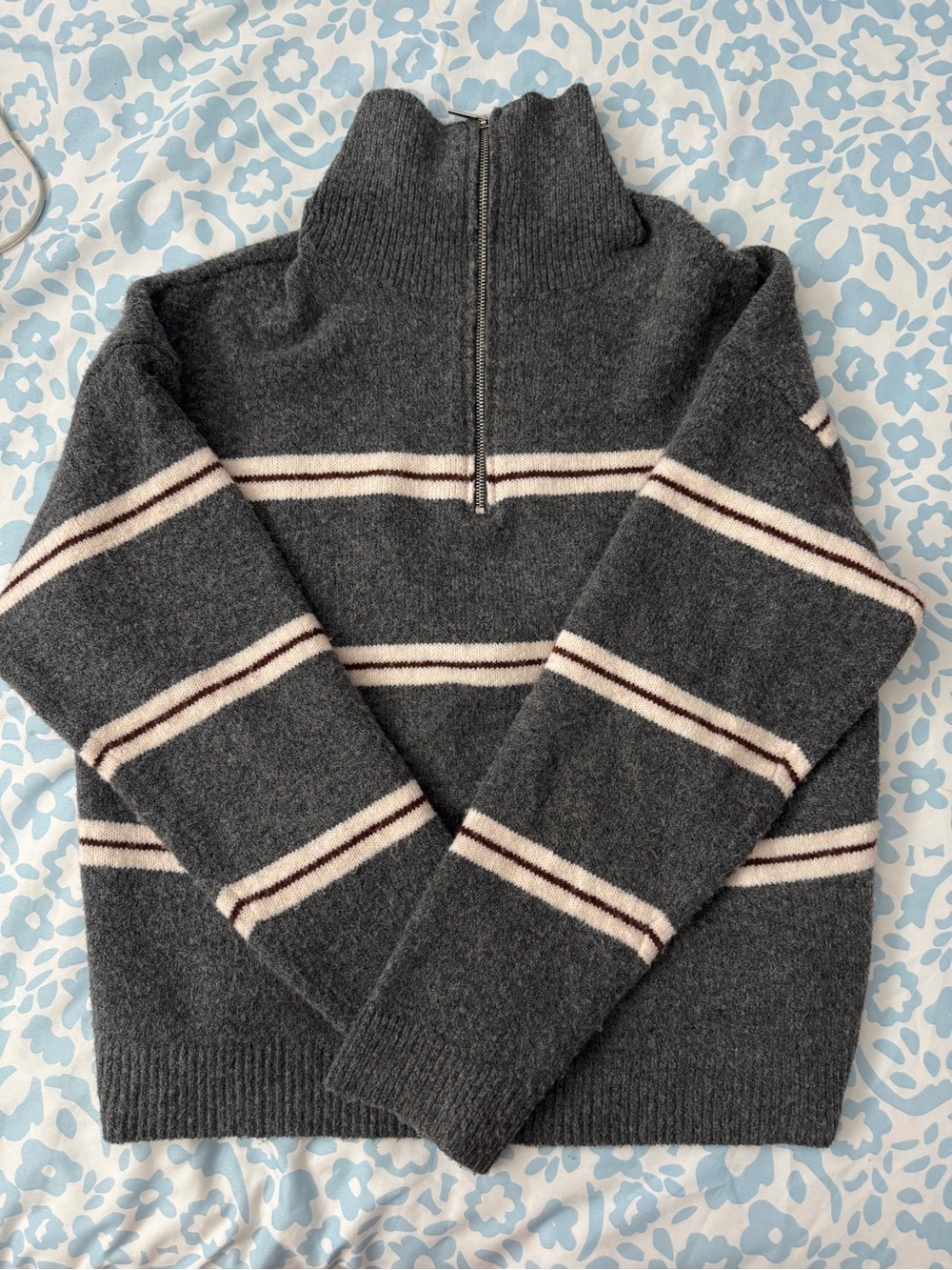 Bershka Dark Gray Zip-Up Sweater with Cream & Brown Stripes